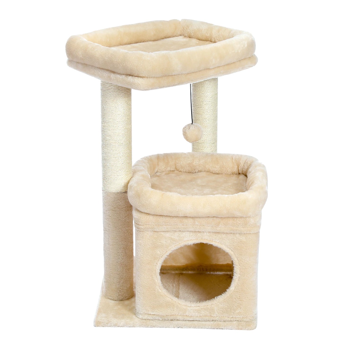 Short Cat Tower with Cozy Cat Condo and Natural Scratching Posts