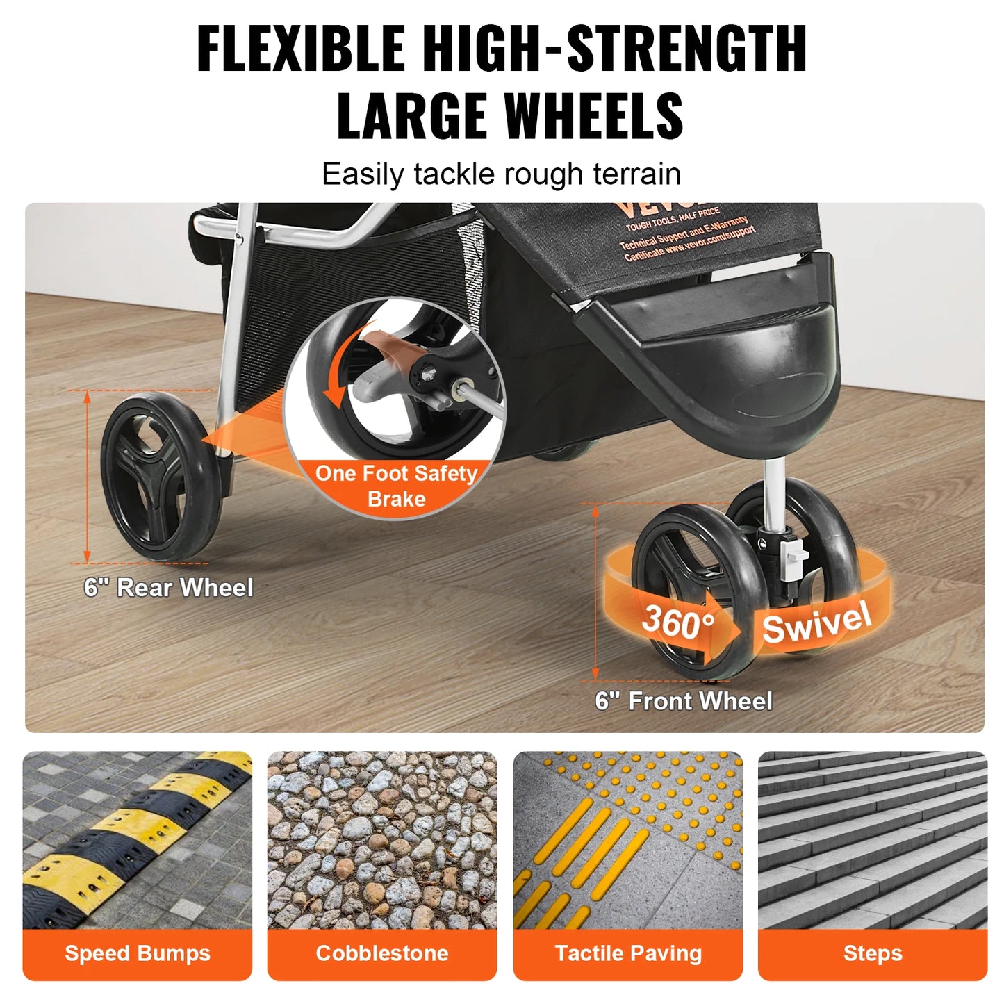 Pet Stroller with Rotating Front Wheel, Storage Basket for Dogs/Cats Under 35lbs