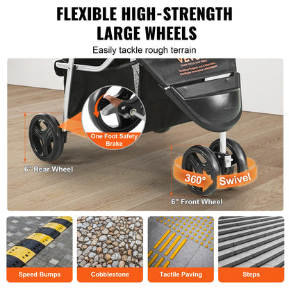 Pet Stroller with Rotating Front Wheel, Storage Basket for Dogs/Cats Under 35lbs