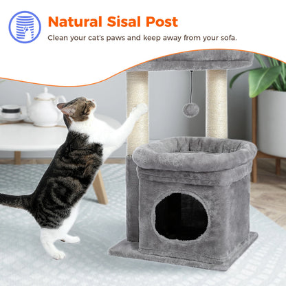 Short Cat Tower with Cozy Cat Condo and Natural Scratching Posts