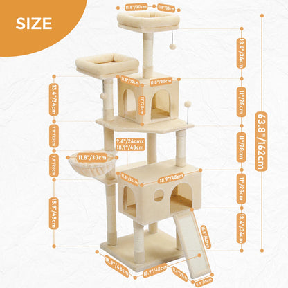 Indoor Cat Tower with Double Condos, Top Perch, Hammock and Scratching Post