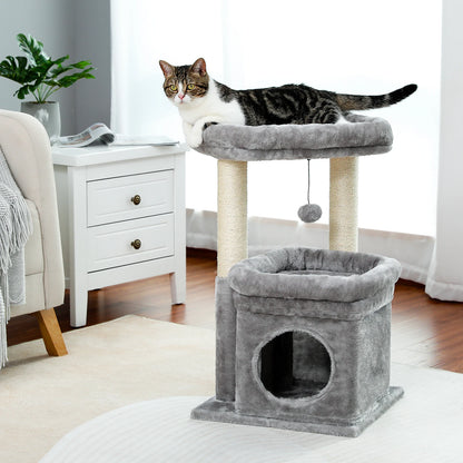Short Cat Tower with Cozy Cat Condo and Natural Scratching Posts