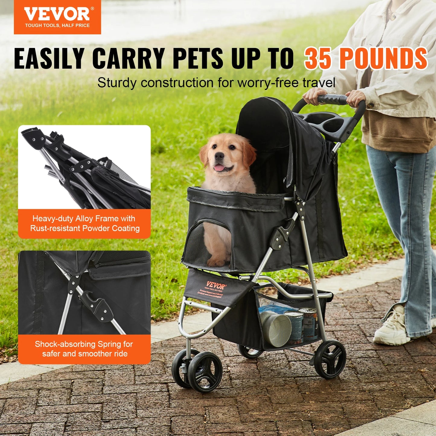 Pet Stroller with Rotating Front Wheel, Storage Basket for Dogs/Cats Under 35lbs
