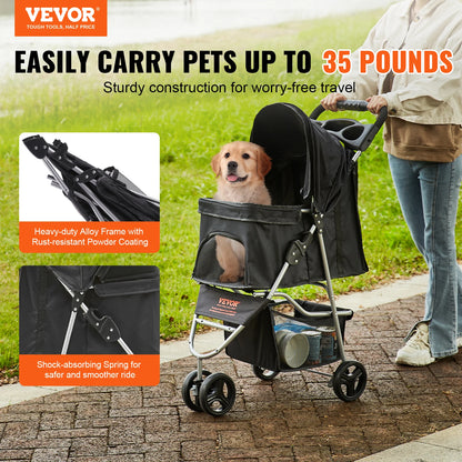 Pet Stroller with Rotating Front Wheel, Storage Basket for Dogs/Cats Under 35lbs