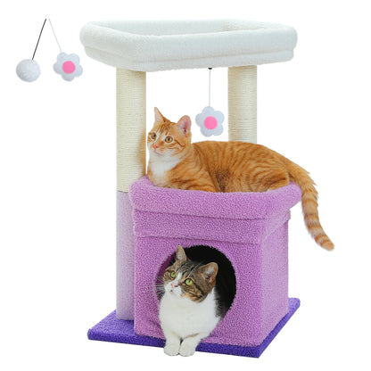 Short Cat Tower with Cozy Cat Condo and Natural Scratching Posts