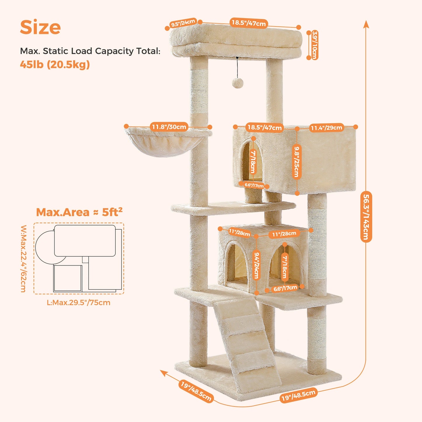Indoor Cat Tower with Double Condos, Top Perch, Hammock and Scratching Post