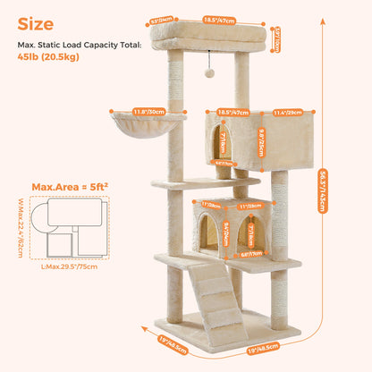 Indoor Cat Tower with Double Condos, Top Perch, Hammock and Scratching Post