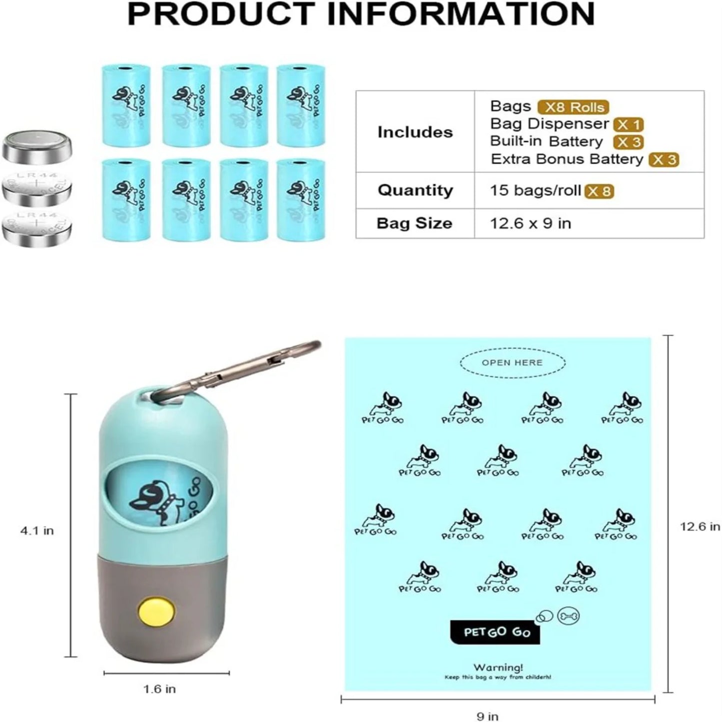 Dog Poop Bag Dispenser with Built-in LED Flashlight and Carabiner Clip