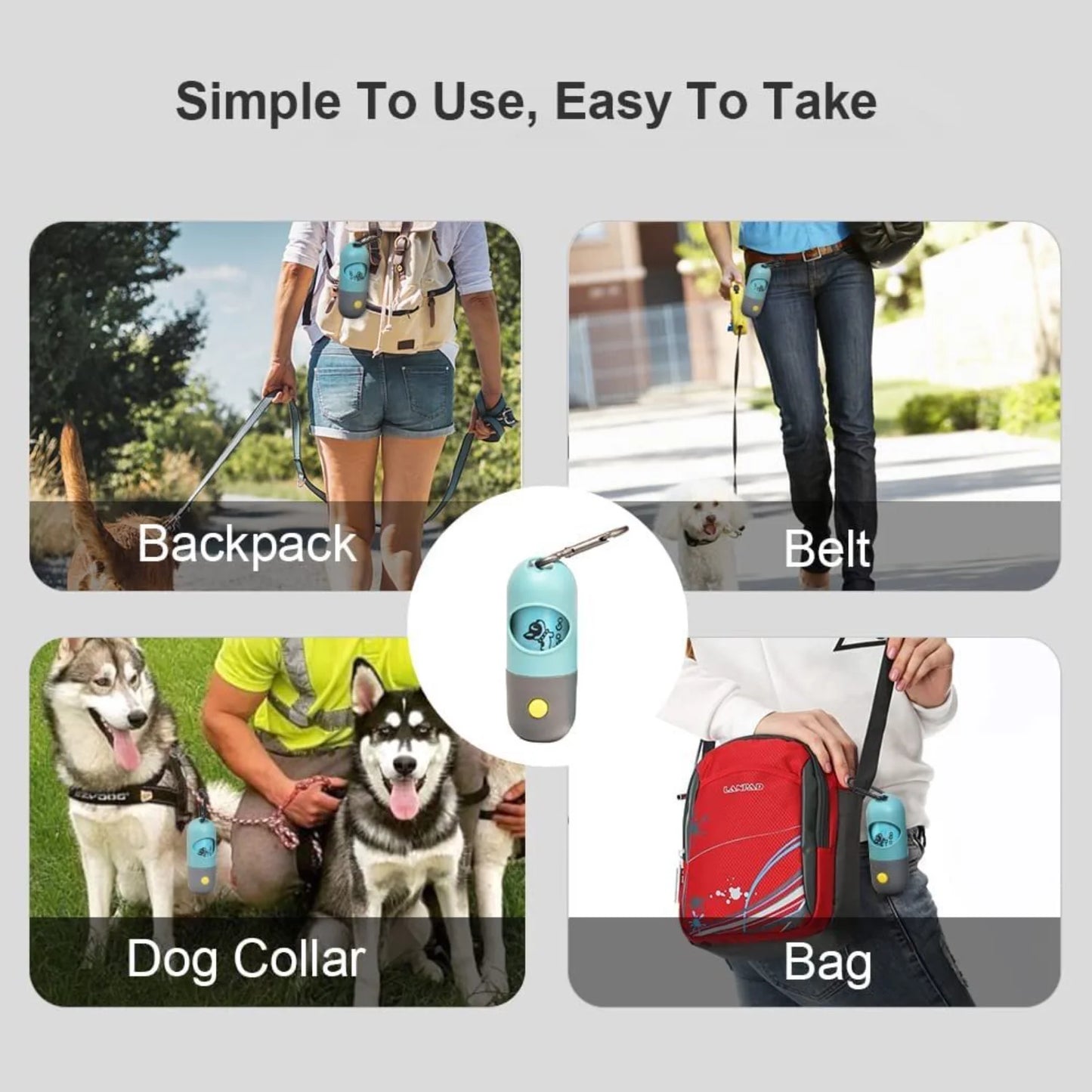 Dog Poop Bag Dispenser with Built-in LED Flashlight and Carabiner Clip