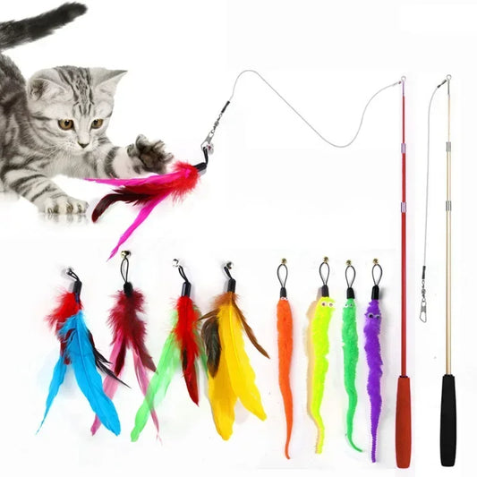 Interactive Cat Wand Toy with Bell & Feather Heads