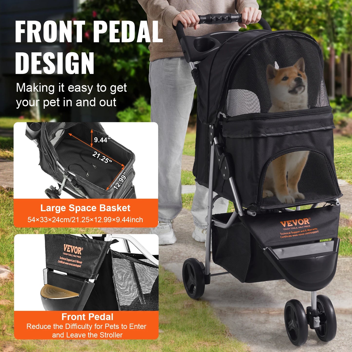 Pet Stroller with Rotating Front Wheel, Storage Basket for Dogs/Cats Under 35lbs