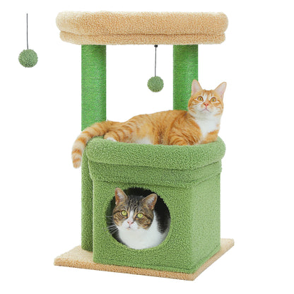 Short Cat Tower with Cozy Cat Condo and Natural Scratching Posts