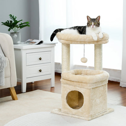 Short Cat Tower with Cozy Cat Condo and Natural Scratching Posts