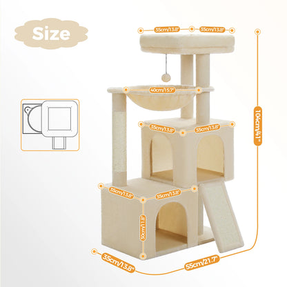 Indoor Cat Tower with Double Condos, Top Perch, Hammock and Scratching Post