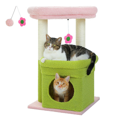 Short Cat Tower with Cozy Cat Condo and Natural Scratching Posts