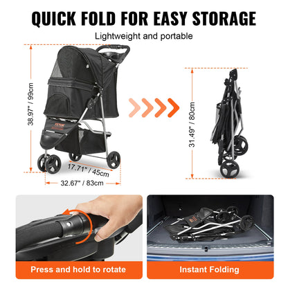 Pet Stroller with Rotating Front Wheel, Storage Basket for Dogs/Cats Under 35lbs