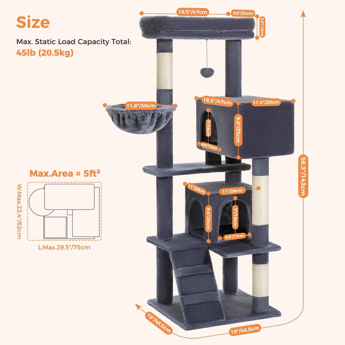 Indoor Cat Tower with Double Condos, Top Perch, Hammock and Scratching Post