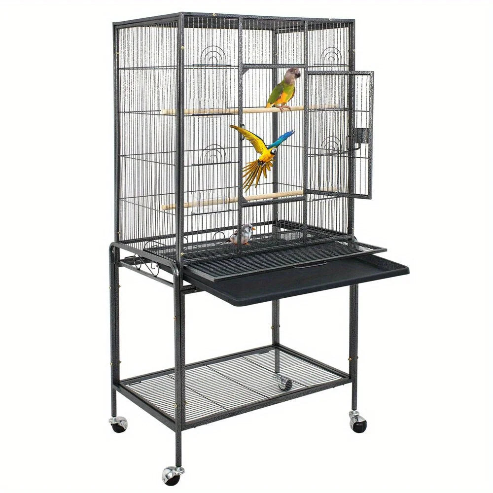 53 Inch Flight Bird Cage Large Wrought Iron Parrot Cage w/ Rolling Stand 2 Color