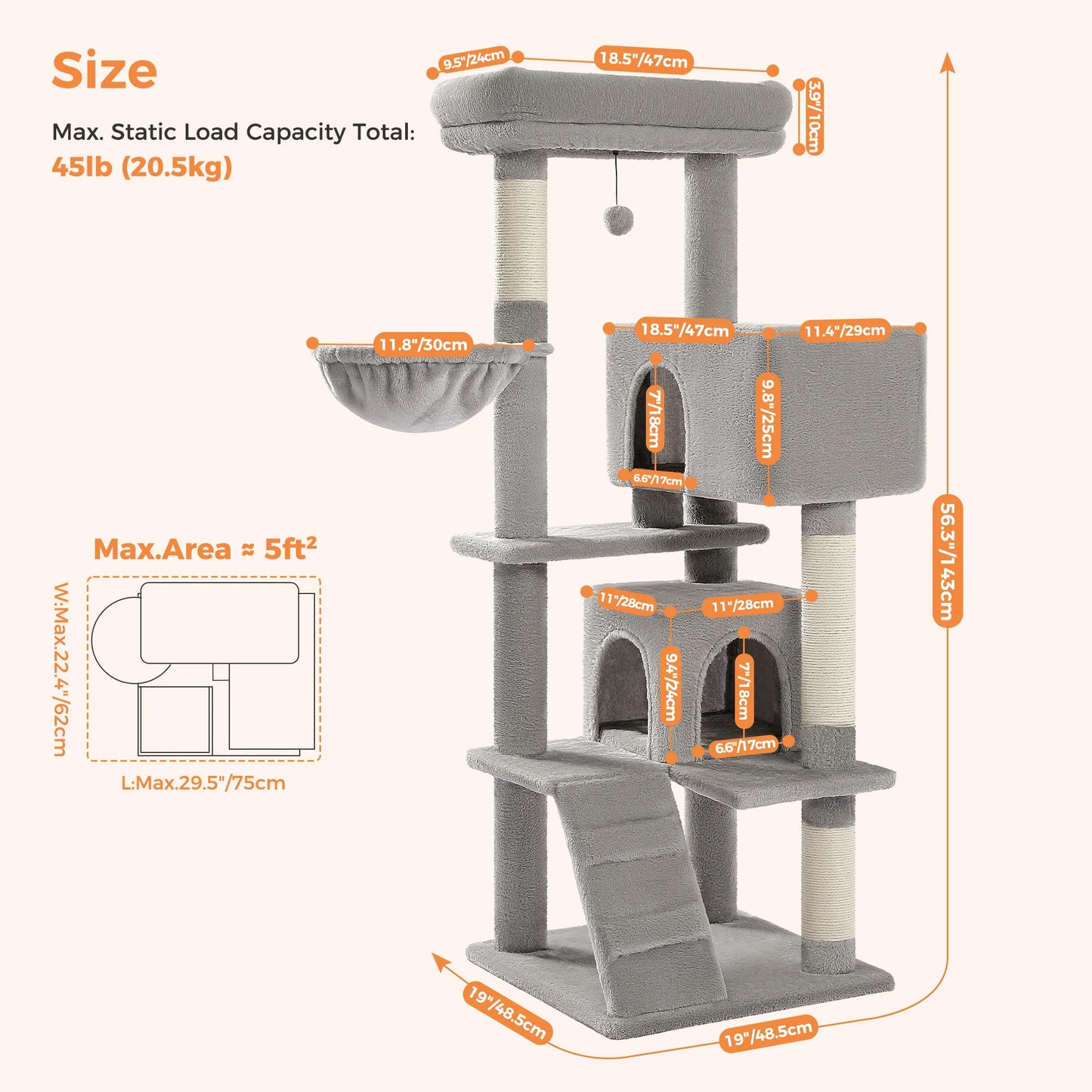 Indoor Cat Tower with Double Condos, Top Perch, Hammock and Scratching Post
