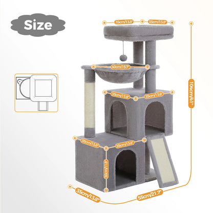 Indoor Cat Tower with Double Condos, Top Perch, Hammock and Scratching Post